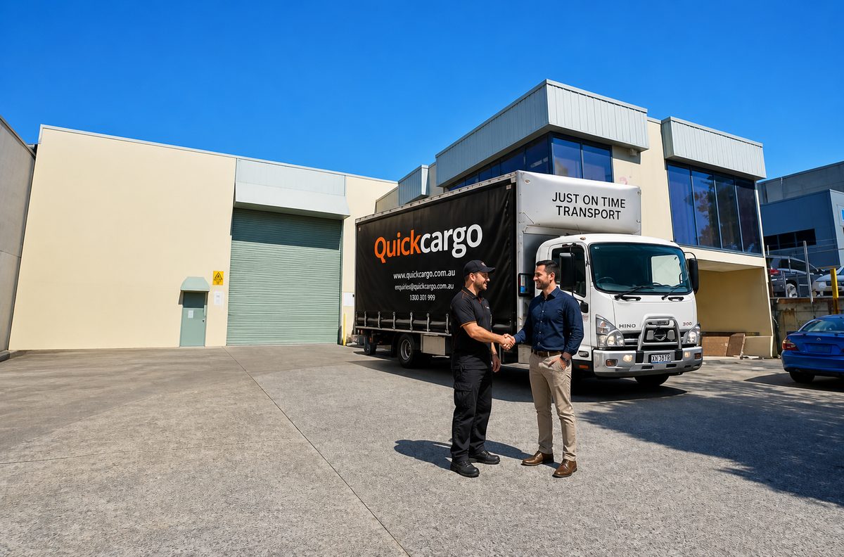 Quickcargo truck and driver working with a customer