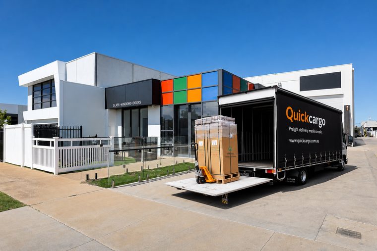 Quickcargo tail-lift truck delivering to a warehouse