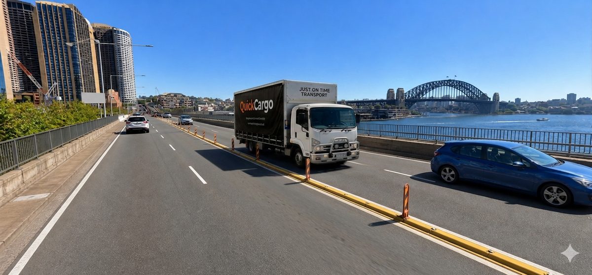 Quickcargo truck on a Sydney road near the Harbour Bridge
